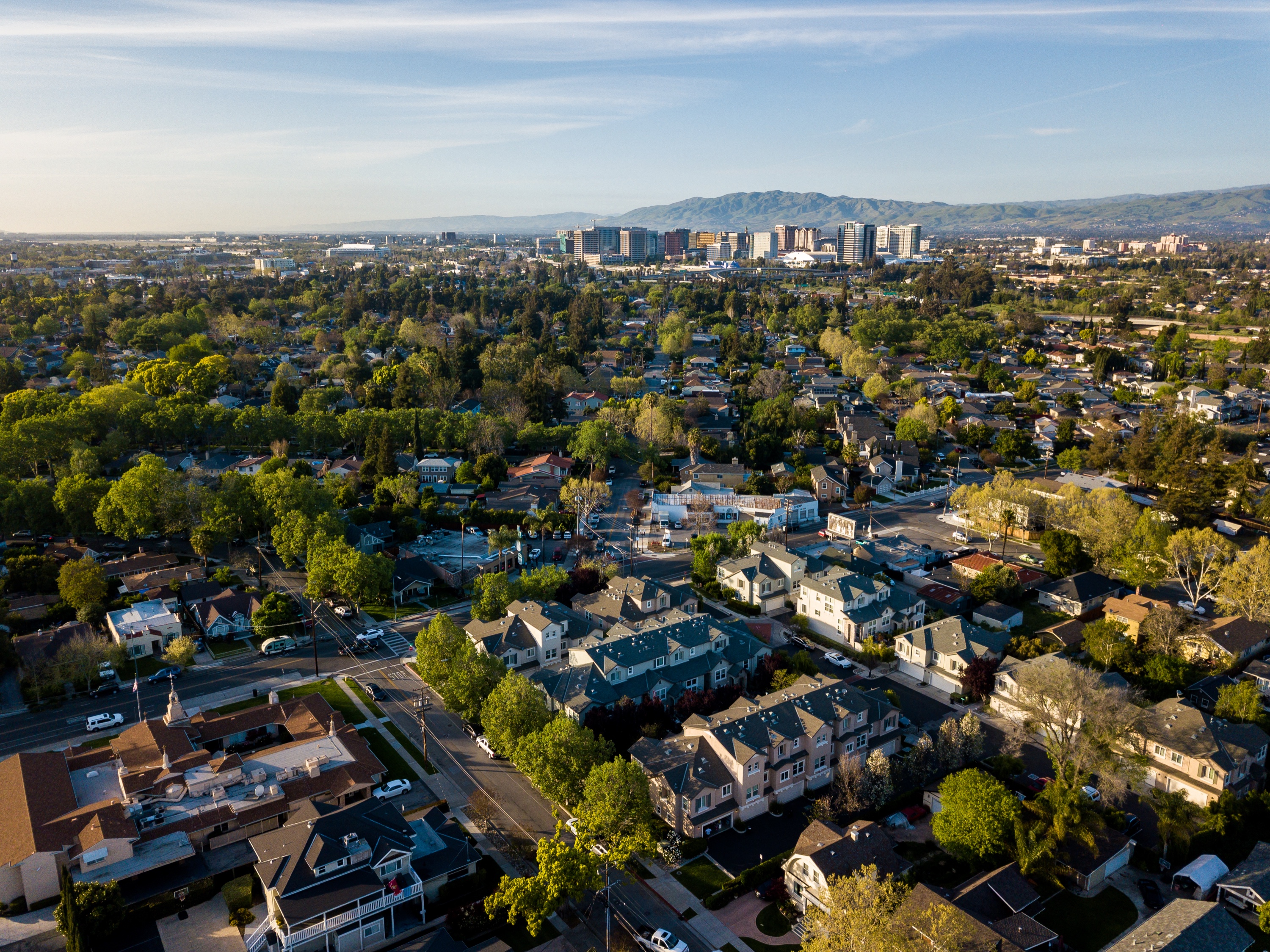 Aerial drone view of Silicon Valley neighborhoods in spring 2026