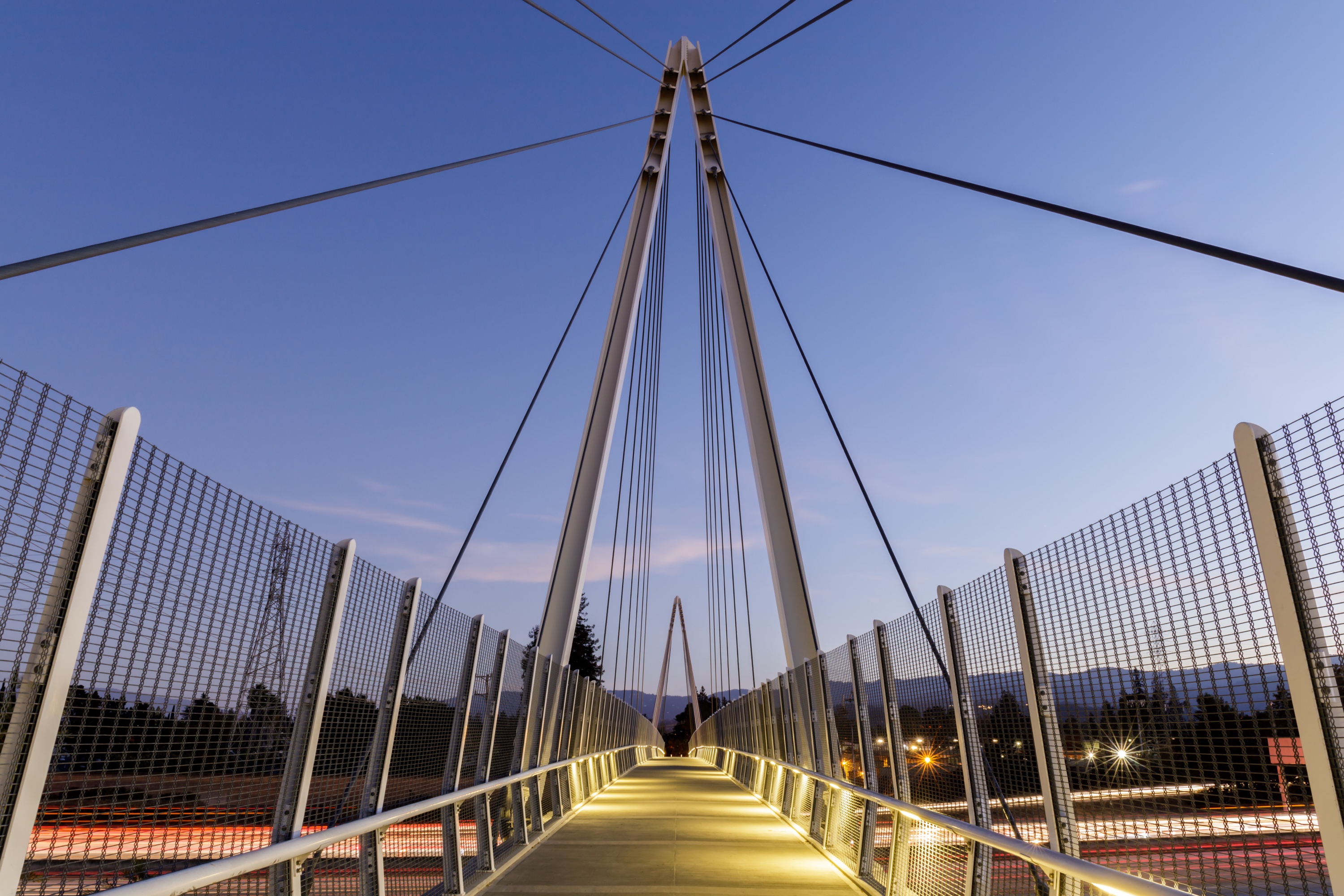Don Burnett bicycle and pedestrian bridge in Cupertino at dusk