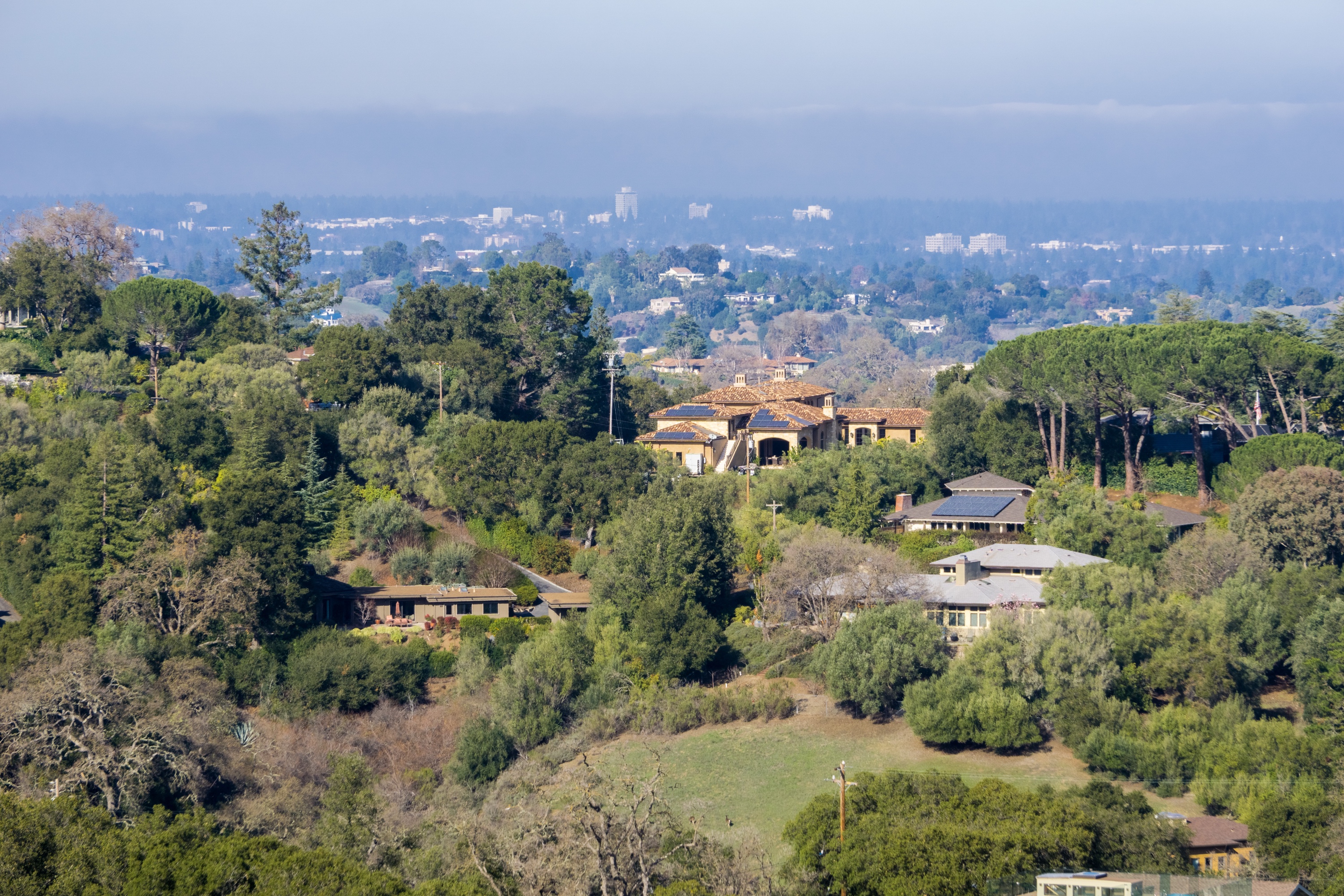 Residential aerial view across Palo Alto hills