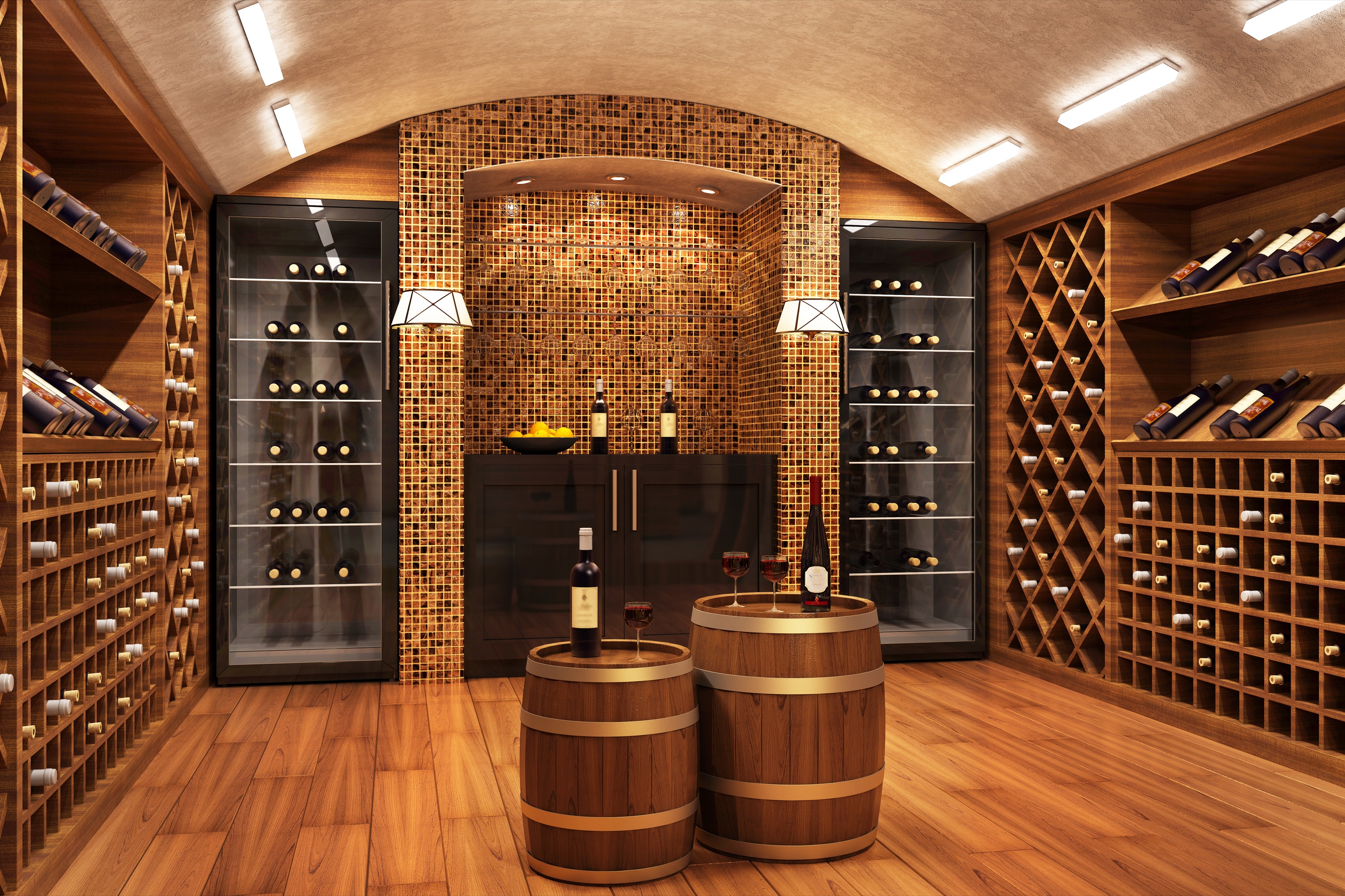 Lush wine cellar with arched ceiling and glass-front display — the kind of feature that elevates a luxury listing's visual narrative