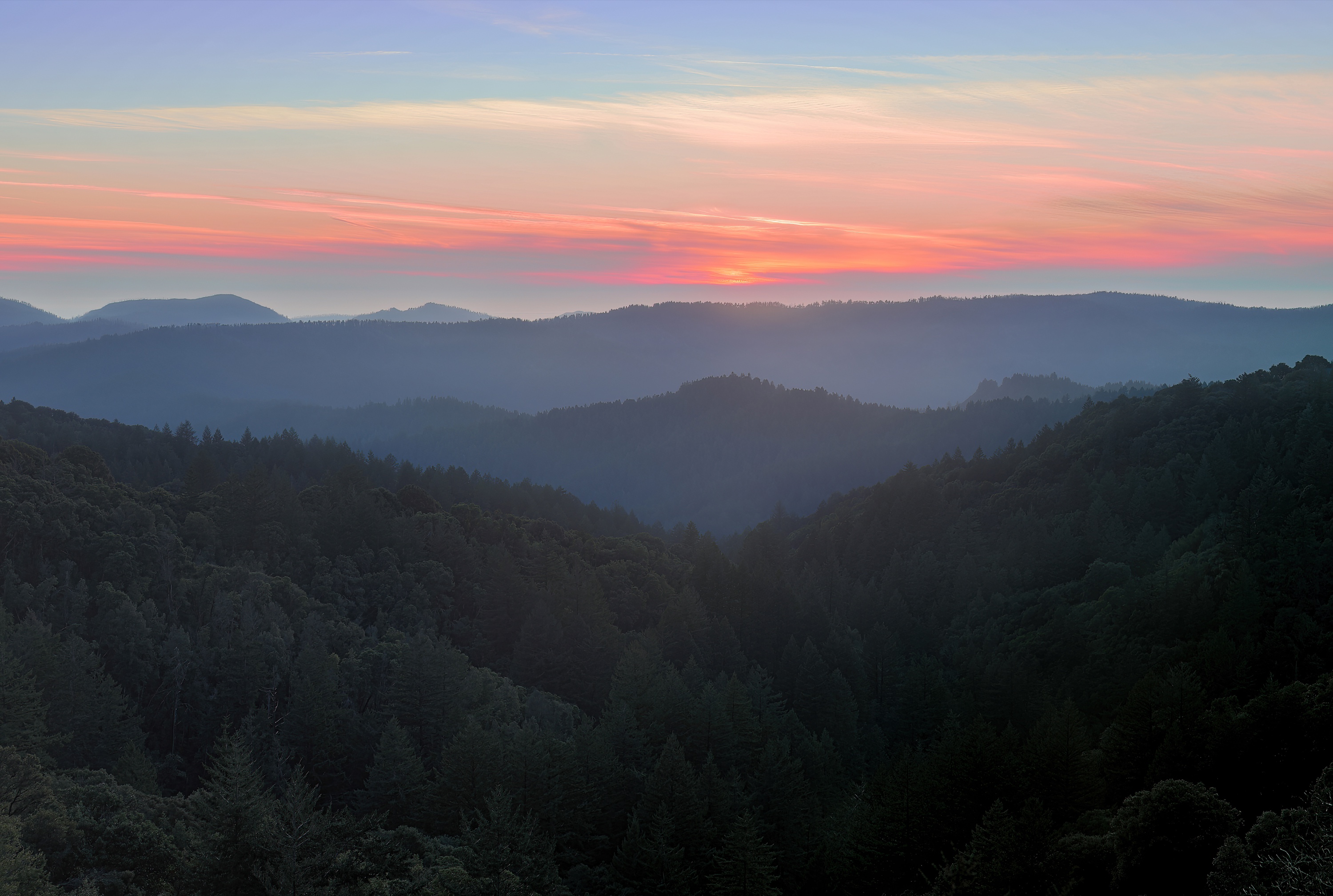 Sunset over the private hillsides above Los Gatos and Saratoga