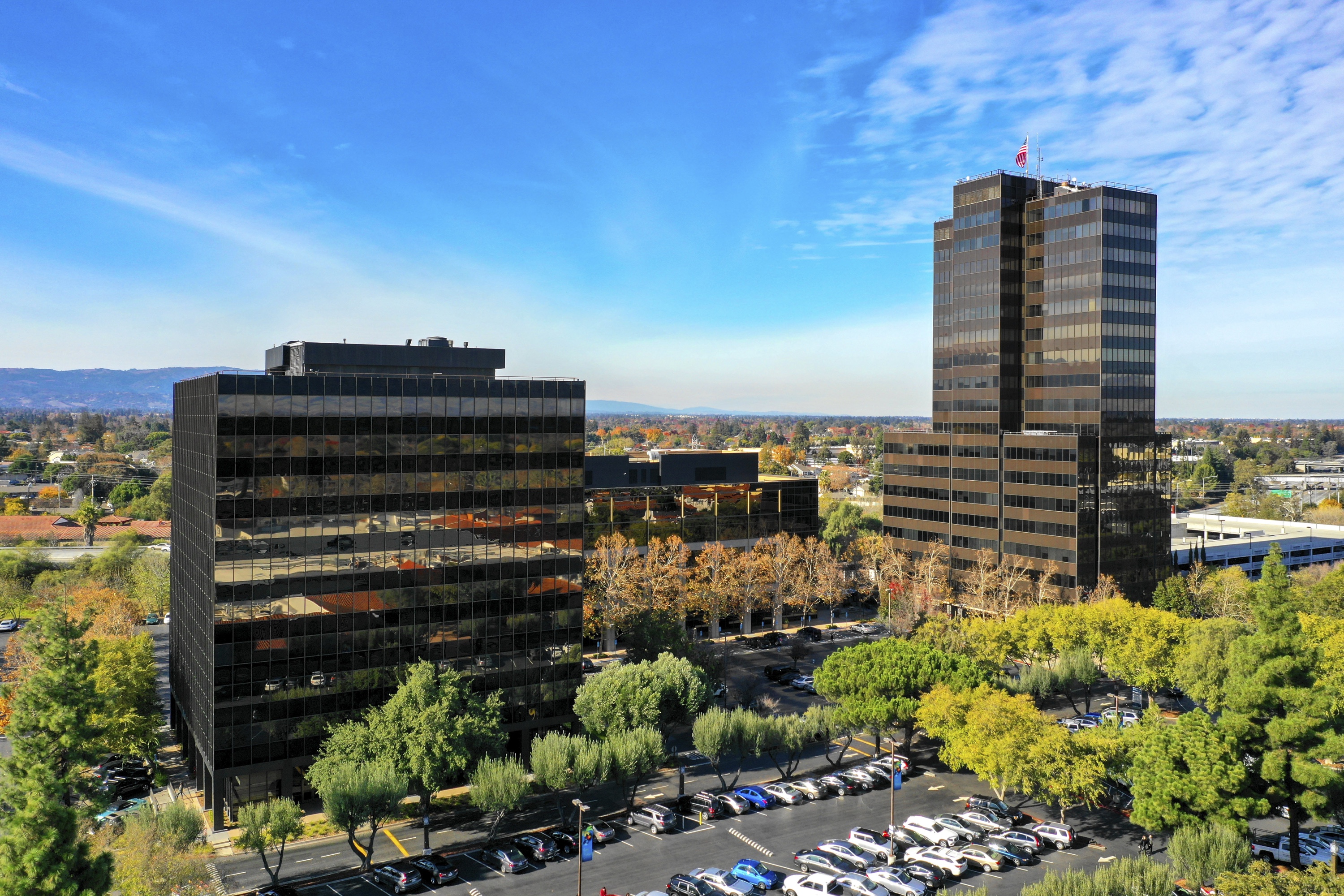 Aerial view of the Pruneyard towers and downtown Campbell, California