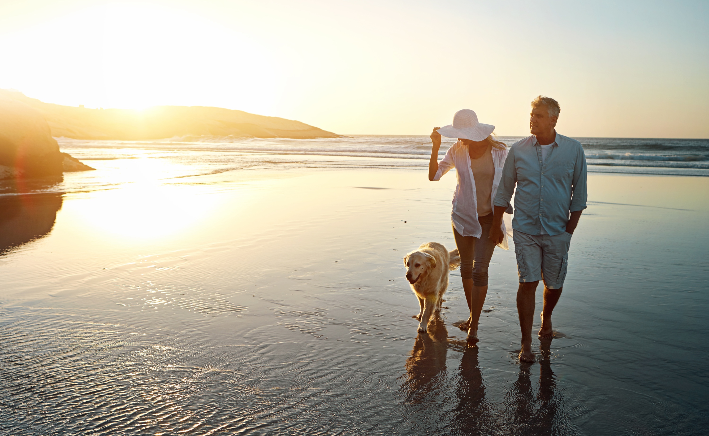 Senior couple beach walking with dog sunset