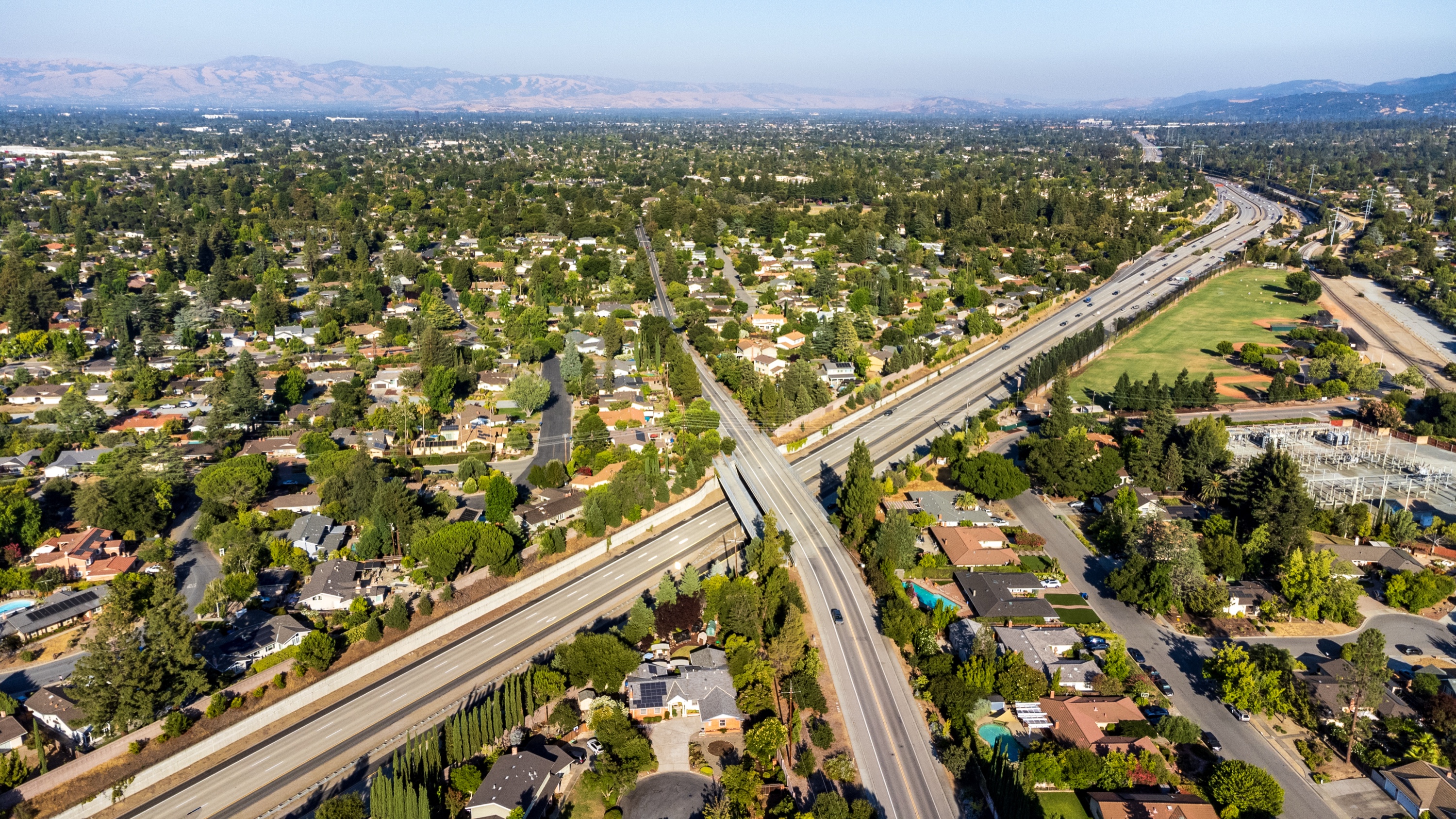 Aerial view of Saratoga residential neighborhoods along the Highway 85 corridor