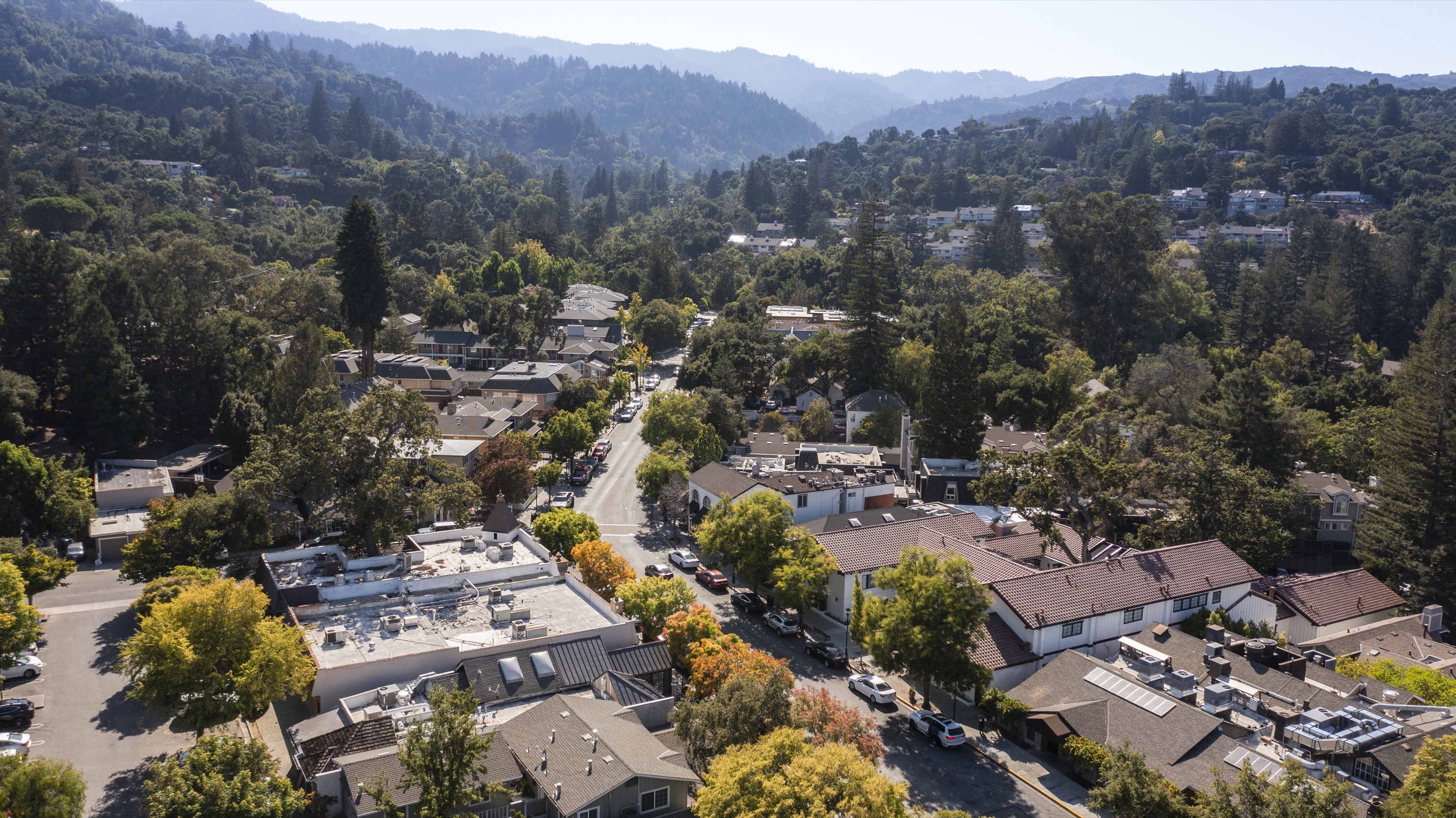 Aerial view of Saratoga Village and its historic Big Basin Way main street