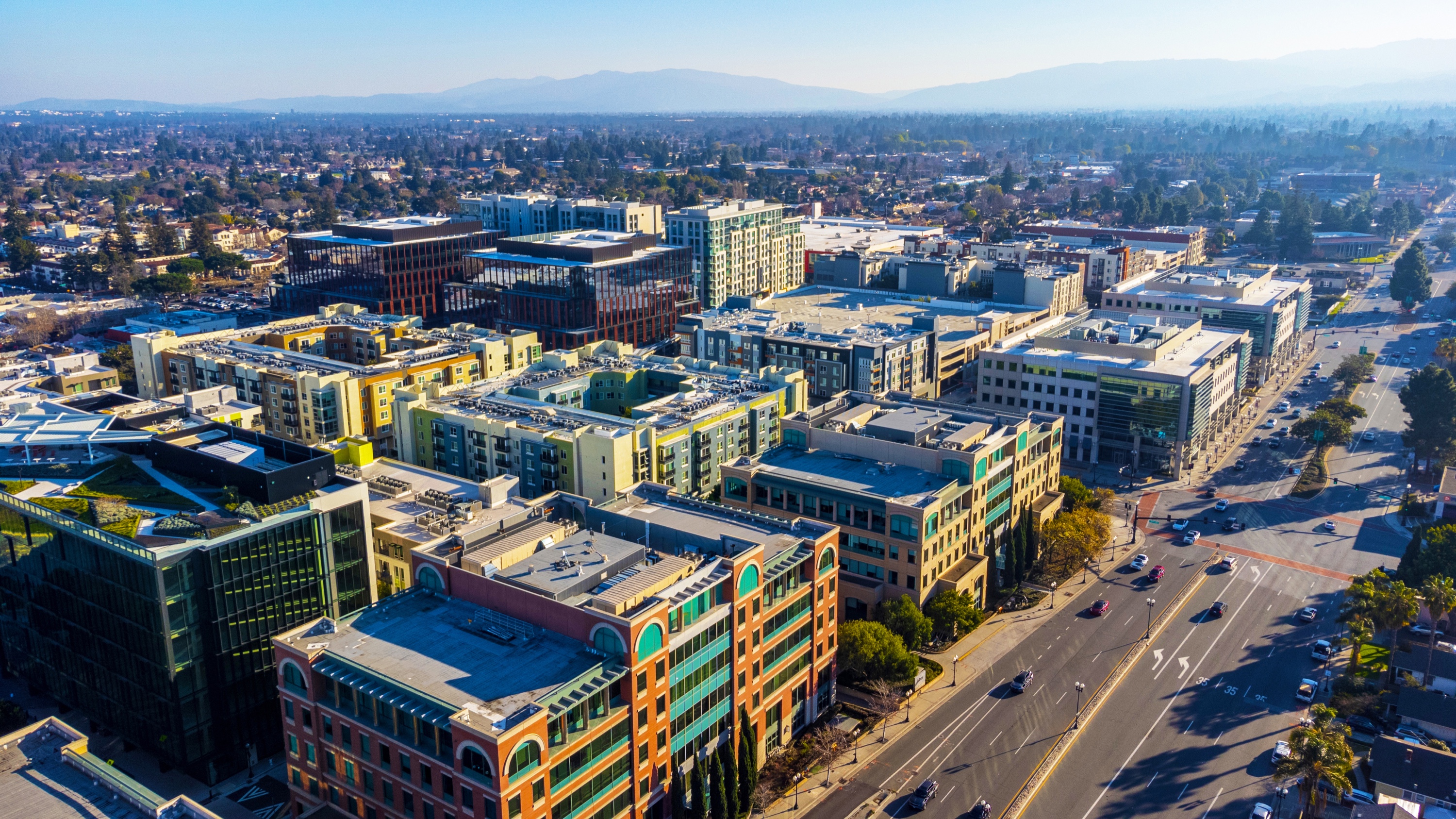 Aerial view of downtown Sunnyvale along Mathilda Avenue