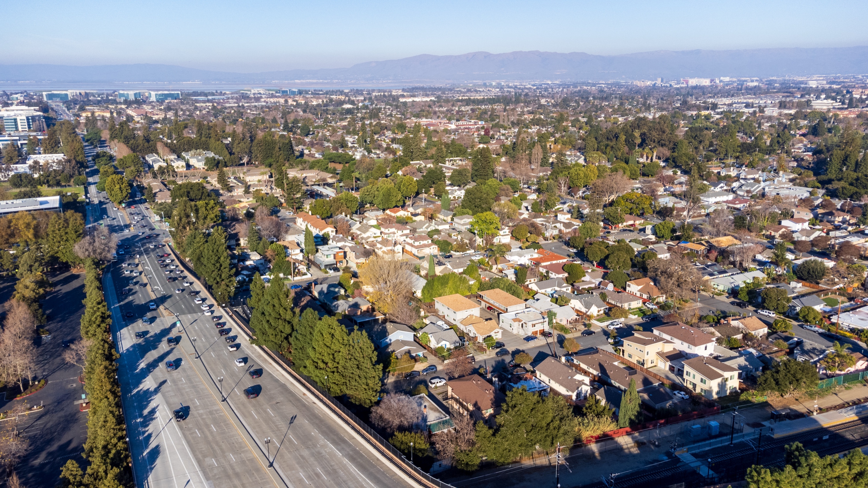 Aerial view of a suburban single-family residential neighborhood in Sunnyvale, California