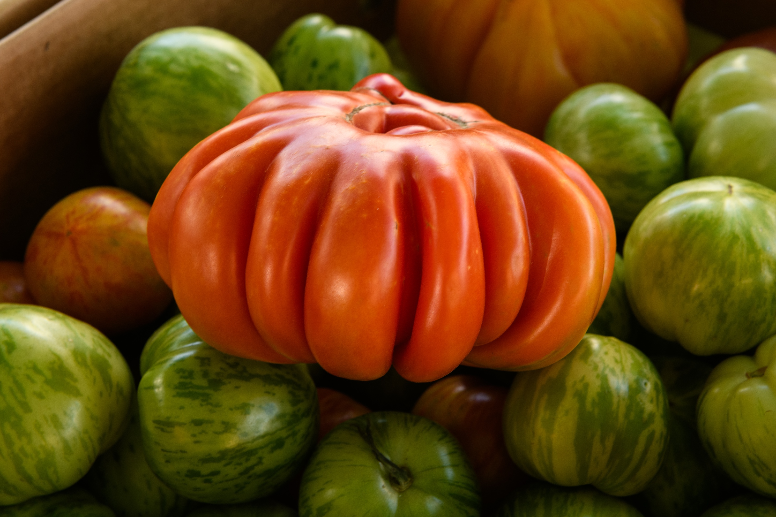 Box of mixed variety heirloom tomatoes at a California farmers market