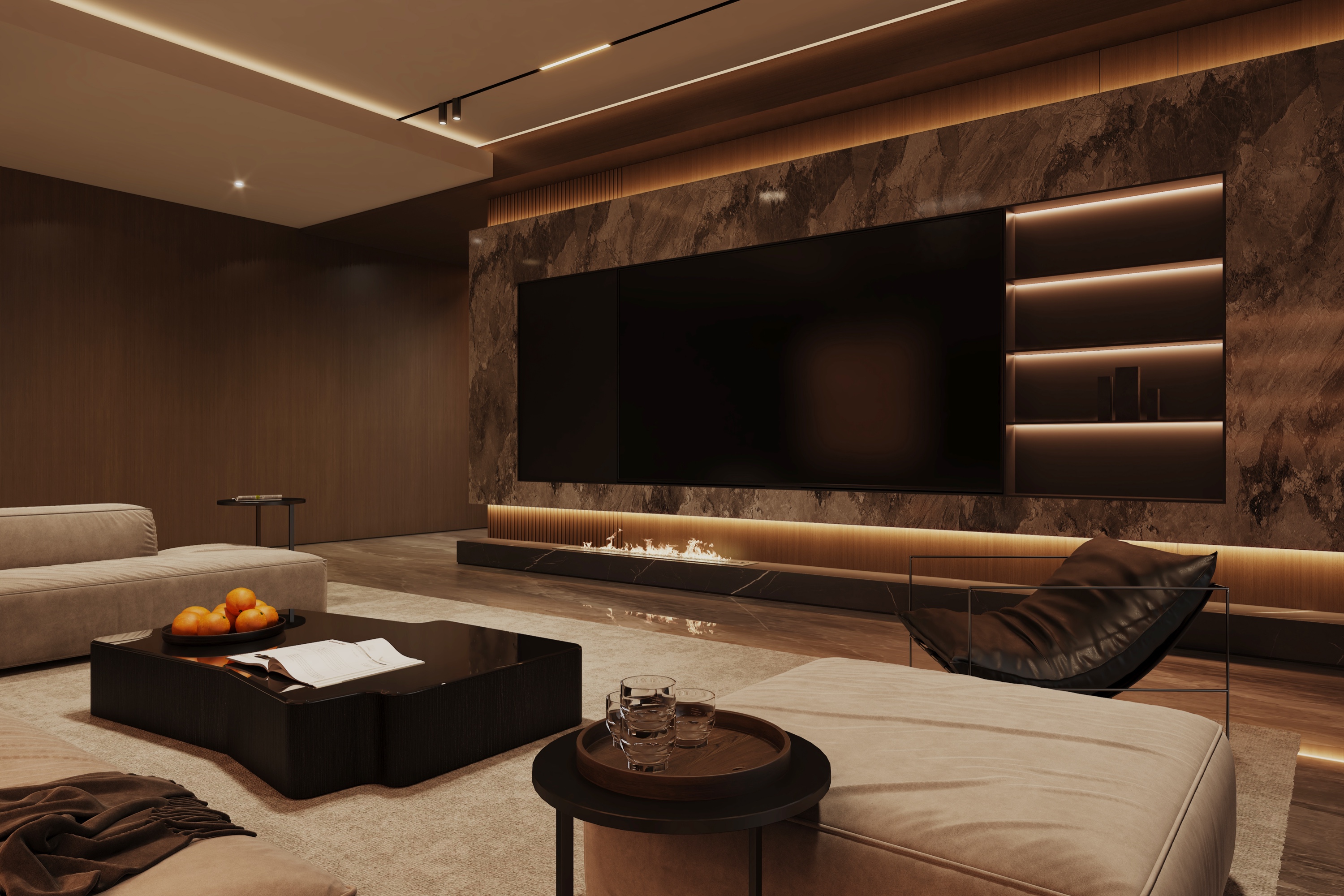 Warm living room with a lit fireplace staged for evening showings in cooler months
