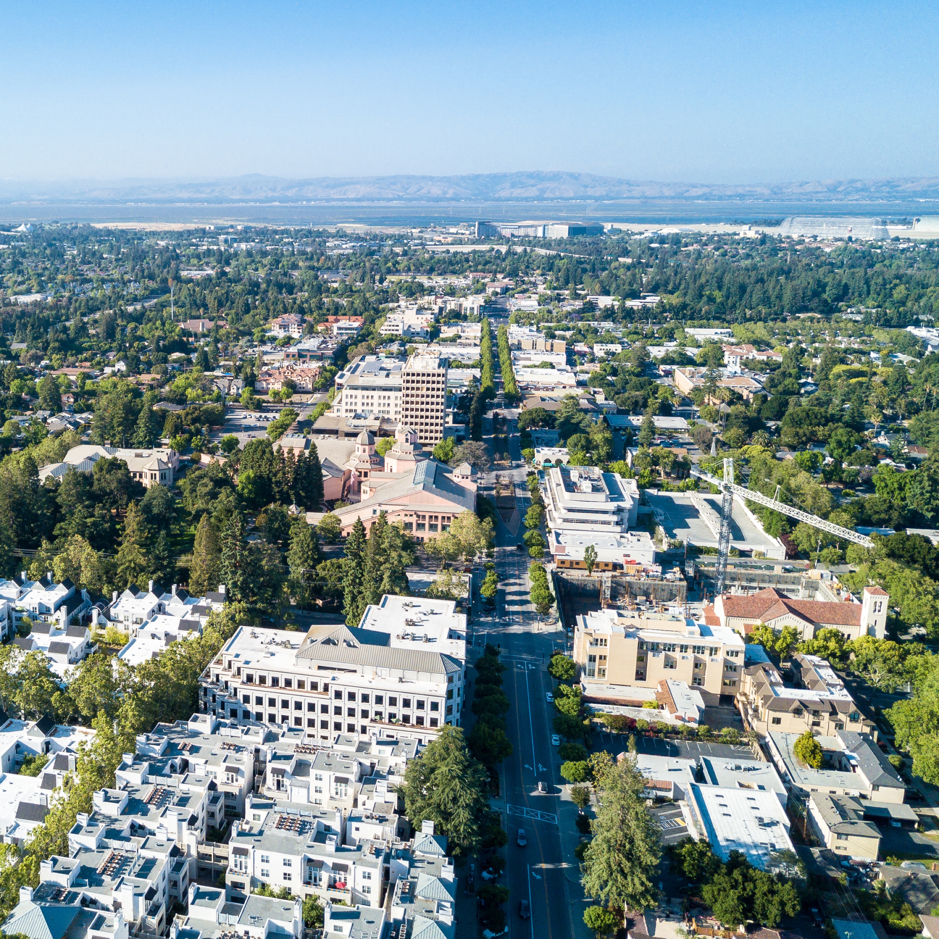 Aerial downtown Mountain View with Castro Street Caltrain corridor
