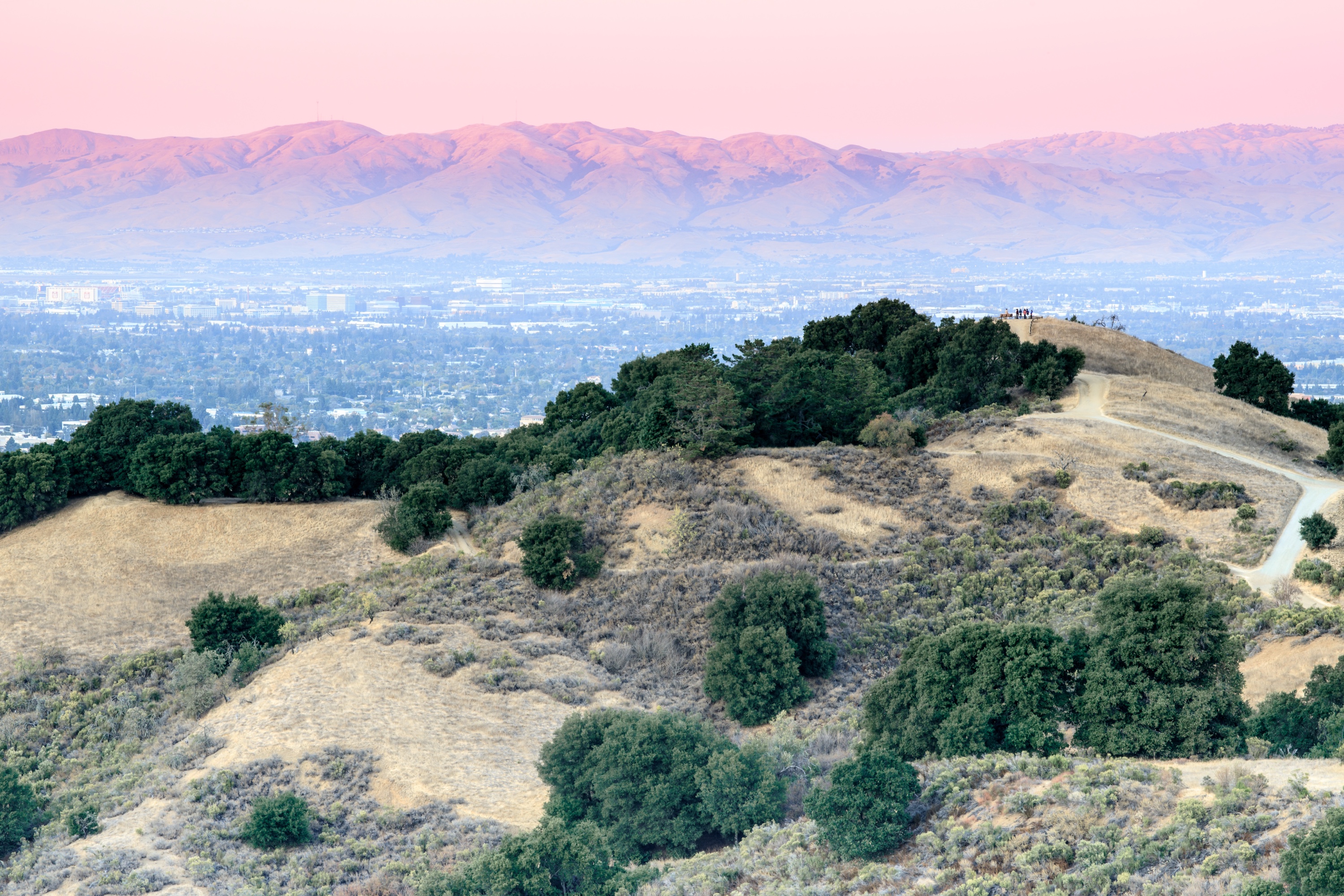Evening view over the Silicon Valley floor from the golden foothills